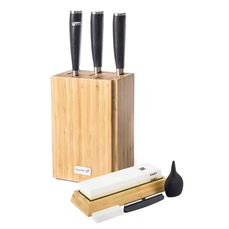 Damascus Prémium kés készlet bambusz blokkban, 4 db + élező kő