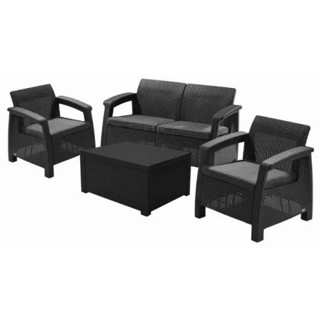 Keter Corfu box set kerti bútor kétszemélyes kanapé + két fotel + asztal, grafitszürke