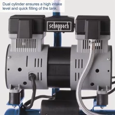   Scheppach HC 08 Si - ultracsendes olajmentes kéthengeres kompresszor, 6 l