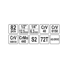   YATO Dugókulcs készlet 82 részes 1/2 col: 14-24 mm, 1/4 col: 4-14 mm CrV