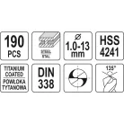 YATO Csigafúró készlet 190 részes 1-13 mm HSS-TiN