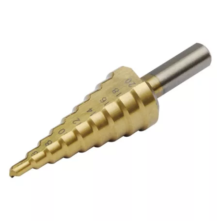 EXTOL 20055 lépcsős fémfúró, 15 lépcsős; (4-32mm, 2mm lépcsők), befogás: 10mm, max. 5mm vastag anyagokhoz, TiN bevonat