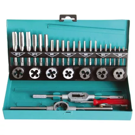 EXTOL 29302 menetfúró menetmetsző klt., fém dobozban; 32db M3-M12, jó minőségű szénacél