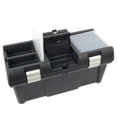   EXTOL 3385072 szerszámosláda, műanyag, alucsatos, tálcával, fekete, lakatolható; 20", 525×255×245mm, rendező felül