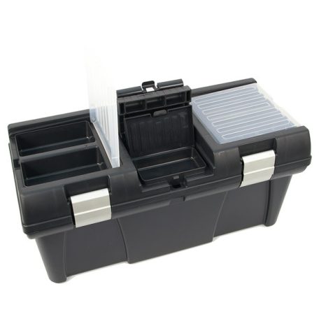 EXTOL 3385072 szerszámosláda, műanyag, alucsatos, tálcával, fekete, lakatolható; 20", 525×255×245mm, rendező felül