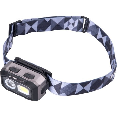 EXTOL LED fejlámpa, Osram+COB, 500 Lumen; tölthető akkuval+AAA elemmel is, 4 funkció, cseppálló: IPX4