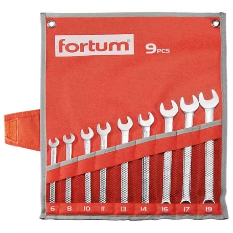 FORTUM 4730202 csillag-villás kulcs klt. 9db, 6-19mm 61CrV5, mattkróm, vászon tok FORTUM