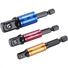   Fortum dugókulcs adapter készlet 3db-os; 1/4" - 3/8" - 1/2" dugófejekhez, fúrógépbe befogás: 1/4" hatszög, S2 acél 4742203