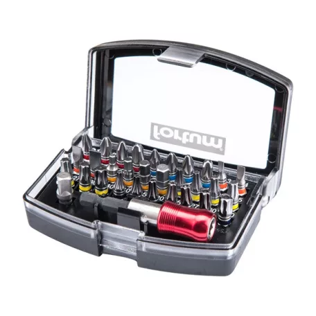 FORTUM 4743500 bit klt., 32db ; 1/4"×25mm bit, S2 acél (lapos,PH,PZ,Imbusz,Torx, lyukasTorx), 1db mágneses bittartó, 1 db adapter