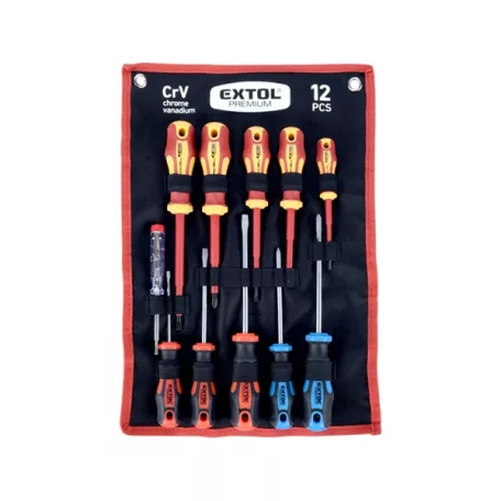 EXTOL 53088 csavarhúzó klt. szigetelt 1000V+nem szigetelt, 6+5db ; fáziskeresővel, műanyag kínáló+nylon tok