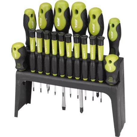 EXTOL csavarhúzó klt. 18 db, CrV, mágneses, 4db lapos + 4 db PH + 10 db órás csavarhúzó, műanyag tartóval, bliszteren 53145