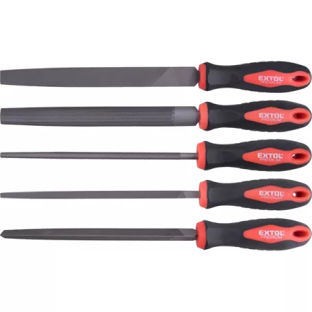 EXTOL 8803611 fémreszelő klt., 5 db (lapos, félkerek, kerek, háromszög, négyszög), 200mm, T12 acél, vágat 2, finom, TPR gumis műa.