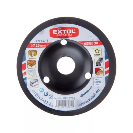 EXTOL 8803706 faforgácsoló korong; max 13000 ford/perc, sarokcsiszolóhoz, fém, 125×22,2mm, fa csiszolásához, szakaszos használat