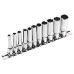   EXTOL 8818110 hosszított Multi Lock dugófej klt. ; 1/4", 11db 4, 5, 5.5, 6, 7, 8, 9, 10, 11, 12, 13mm, tartó sínen