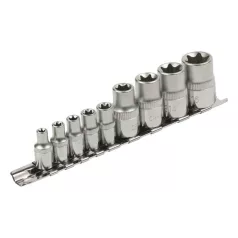   EXTOL dugófej klt., E-TORX; 1/4"×5db (E5-E6-E7-E8-E10), 1/2"×4db, (E12-E14-E16-E18), tartó sínen 8818114