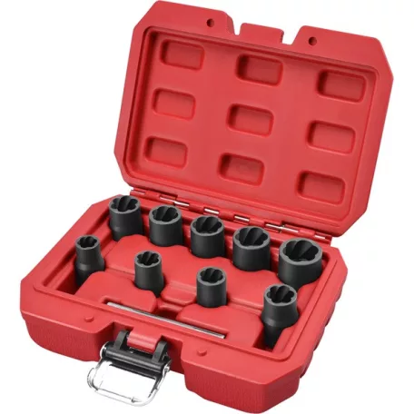 EXTOL 8818141 csavarkiszedő klt. TWIST; 3/8" befogás, 9db fej: 10, 11, 12, 13, 14, 15, 16, 17, 19mm, 1 db kiütőrúd, CrMo, műanyag kof.