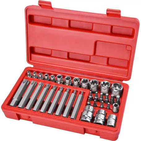 EXTOL 8818211 BIT és dugókulcs klt. 35 db TORX, 1/4"+8mm+10mm+12mm BIT-ek, 1/4"+3/8" dugófejek, adapterek C.V. acél, műanyag dobozban
