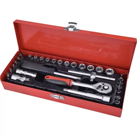 EXTOL 8818361 dugókulcs klt., CV., racsnis 45fog ; 1/4" 30db, normál (4-14mm) dugófejek, bitdugófej (-, +, imbusz, torx), fém doboz