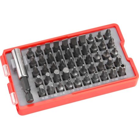 EXTOL behajtó klt. 51 db Cr.V., lapos:3-7mm, PH0-3, PZ0-3, HEX 1,5-6mm, T és TTa 8-40, övre akasztható műanyag tartóban 8819642