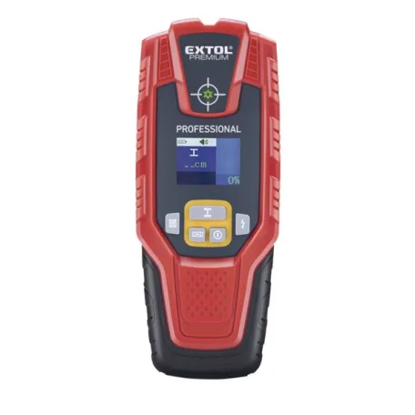 EXTOL 8831321 digitális detektor, rejtett fém (vas, réz, alu) és fa tárgyak, illetve feszültség alatti vezeték keresésére, LCD kijelző
