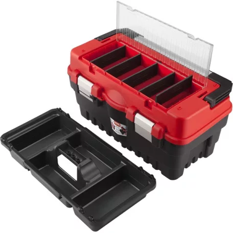 EXTOL 8856080 szerszámosláda, műanyag 462×256×242mm, fémcsatos, tálcával, lakatolható, ALU nyél