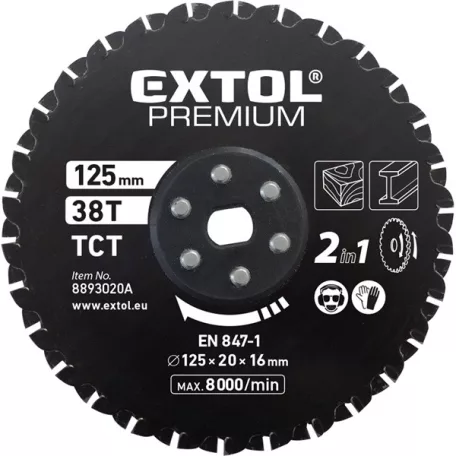 EXTOL 8893020A fűrészlap, keményfémlapkás 125×20×16mm, 38T, 2az1ben Twin Blade rendszer, fémre és fára, 8893020 vágógéphez