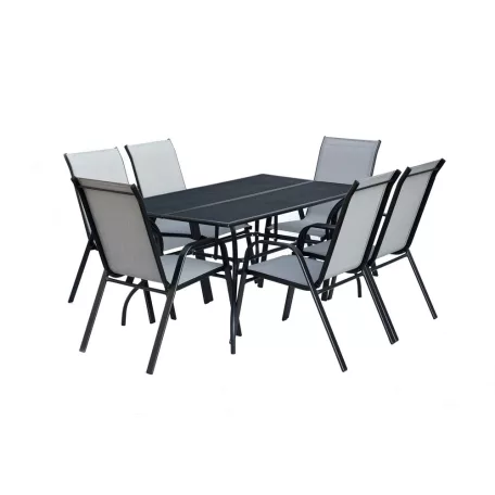 ROJAPLAST ZWMT-83 SET fém kerti asztal, 150 x 90 x 72 cm - fekete, 6 db székkel
