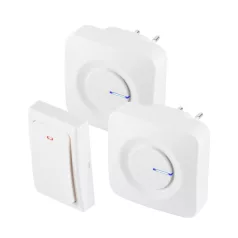   HOME HOME DBKS1001AC vezeték és elem nélküli csengő készlet, 1x nyomógomb + 2x csengő, 100m hatótáv, 36 dallam, szabályozható hangerő, IP44, fényjelzés, kinetikus nyomógomb SOM-DBKS1001AC