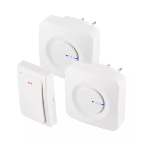 HOME HOME DBKS1001AC vezeték és elem nélküli csengő készlet, 1x nyomógomb + 2x csengő, 100m hatótáv, 36 dallam, szabályozható hangerő, IP44, fényjelzés, kinetikus nyomógomb SOM-DBKS1001AC