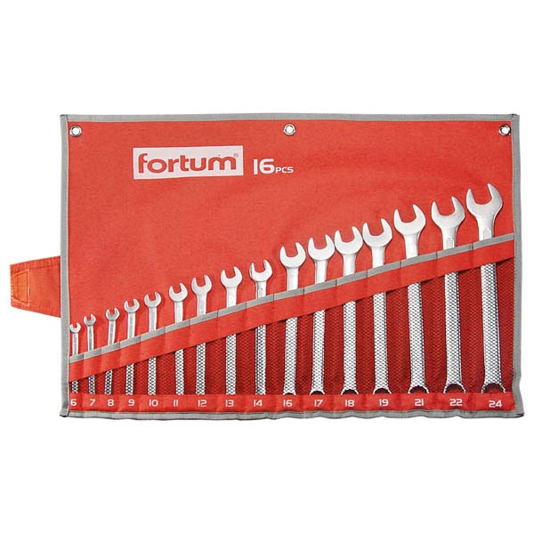 Image of FORTUM 4730201 csillag-villás kulcs klt. 16db, 6-24mm 61CrV5, mattkróm, vászon tok
